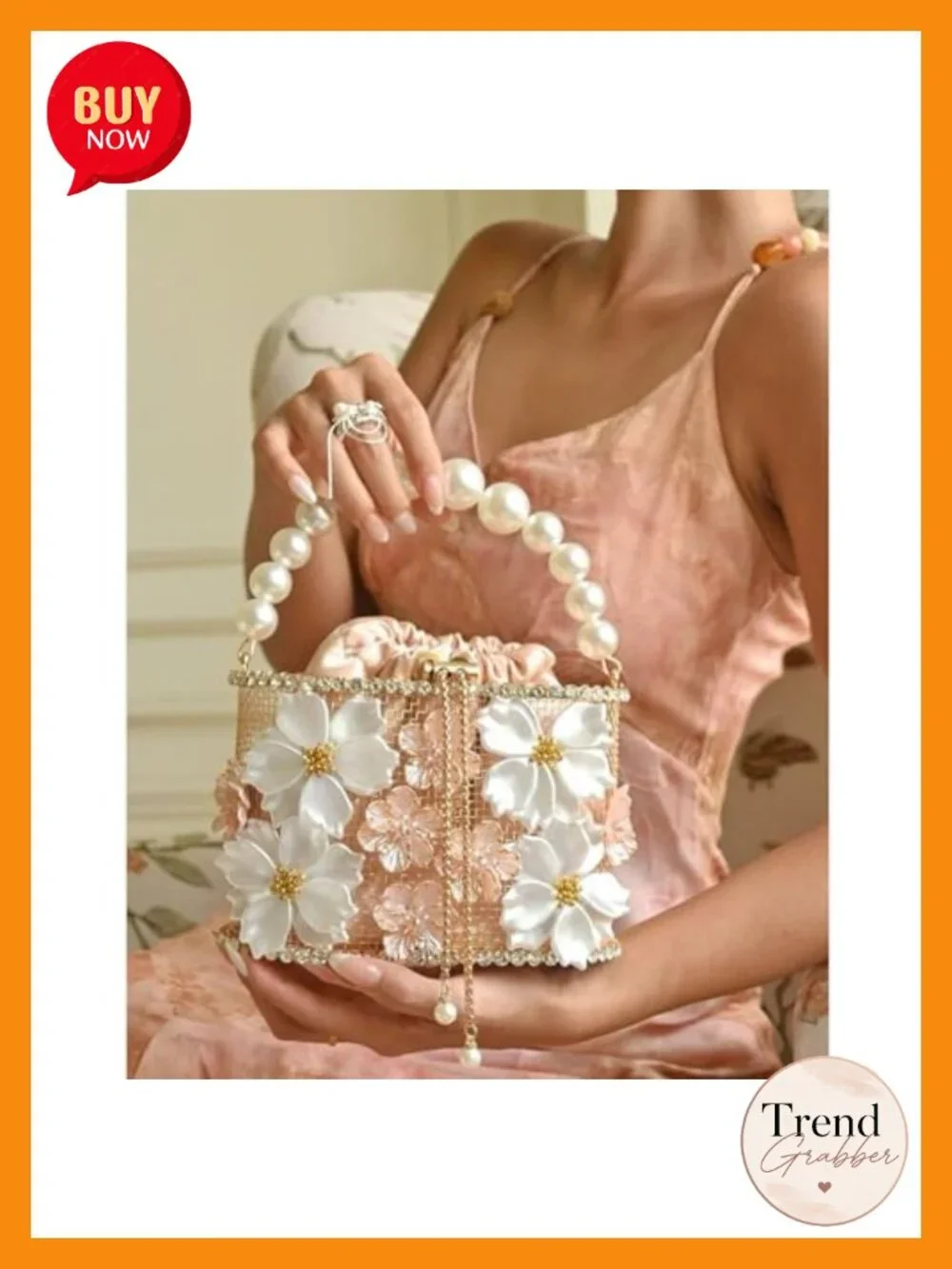 Luxury 3D Floral Rhinestone Pearl Handle Clutch Evening Bag